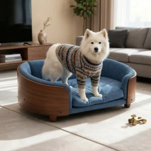 Avery wooden dog bed with a sturdy solid wood frame