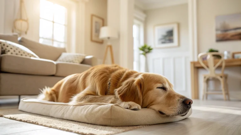 A peaceful Golden Retriever sleeping on a premium dog bed in a sunlit, cozy living room.