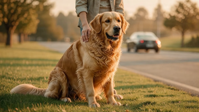 A calm dog sitting beside its owner while a car passes in the distance, soft natural lighting.