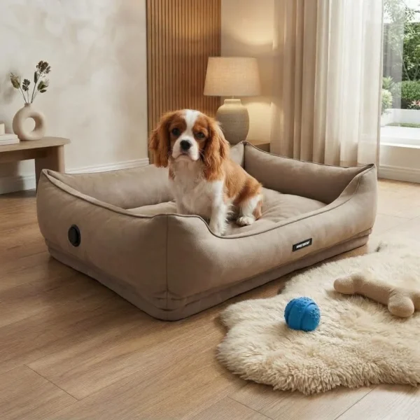 lumi-heated-dog-bed-home Lumi heated dog sofa bed in a stylish home interior