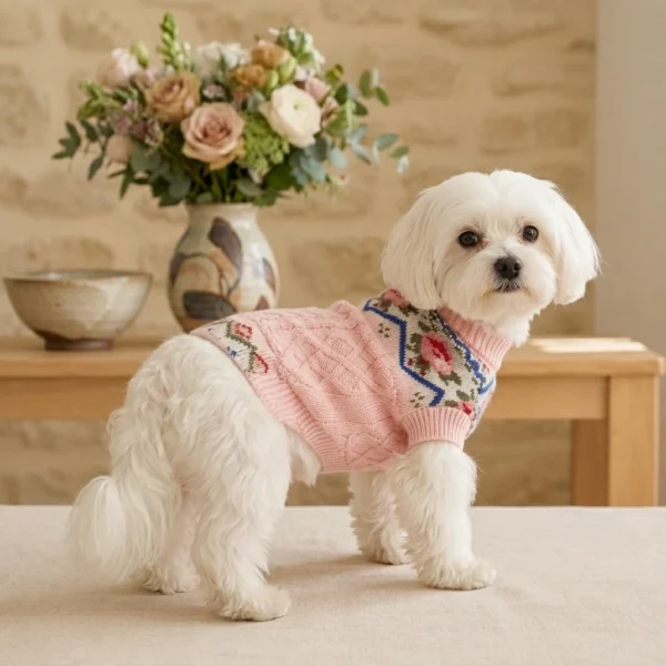 pink-floral-knit-dog-sweater Pink floral knit sweater for dogs