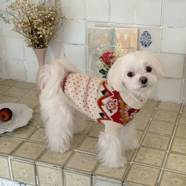 Poppy red and white flower dog sweater
