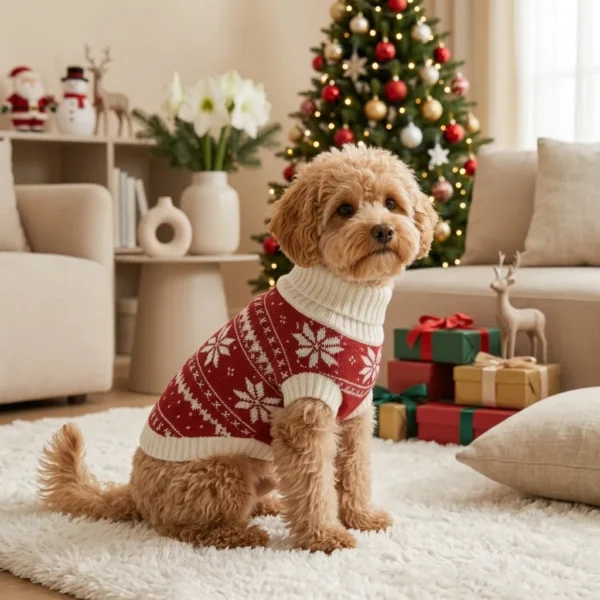 Red holiday flower knit dog sweater