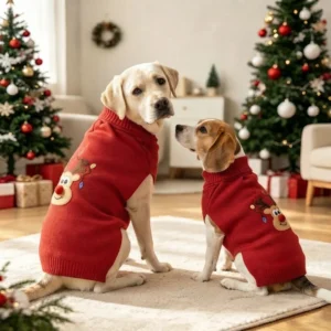 Red reindeer knit dog sweater