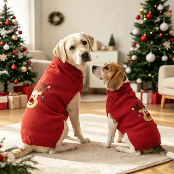 Red reindeer knit dog sweater