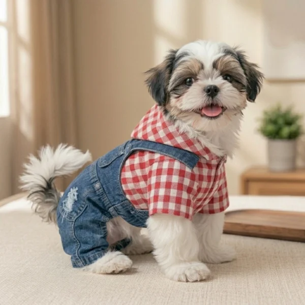 Rose red faux denim dog overalls