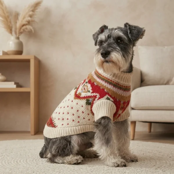 White dog sweater with red flowers